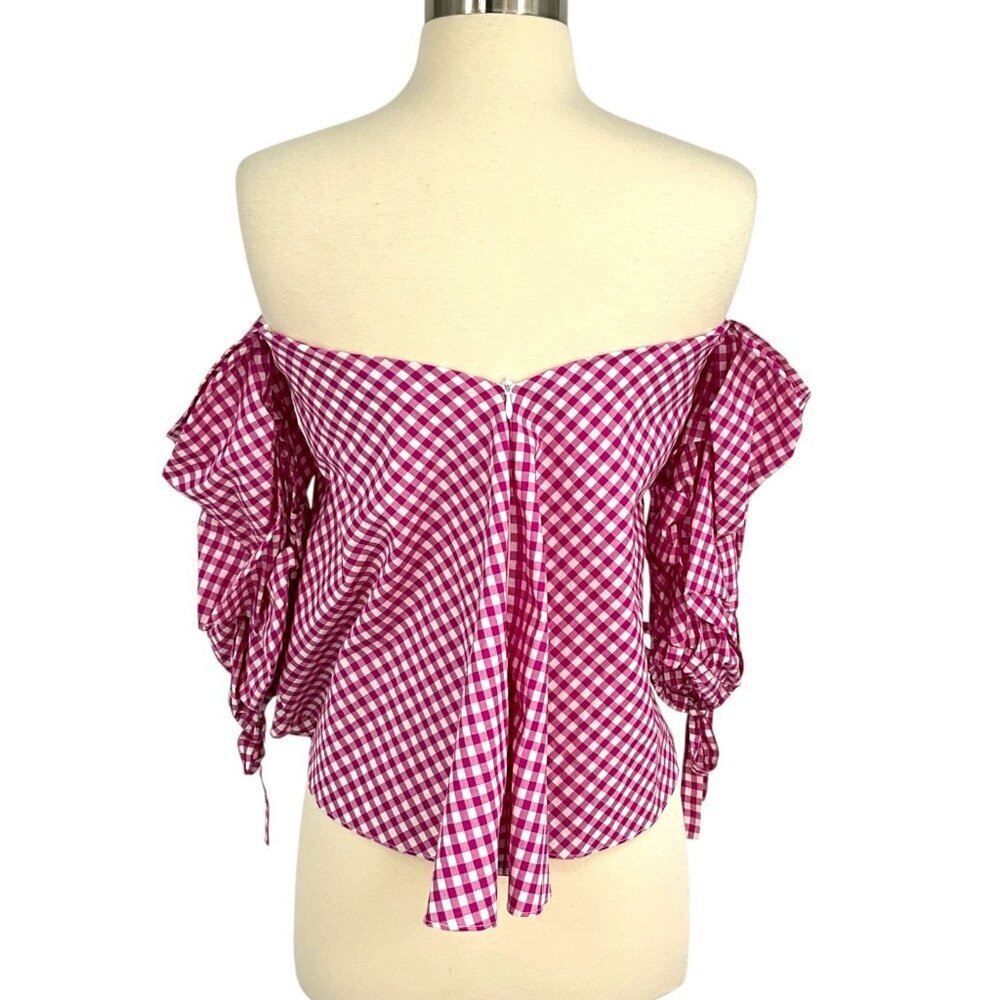 Caroline Constas Pink Gingham Plaid Gabriella Blouse Size XS Off Shoulders - Picture 5 of 11
